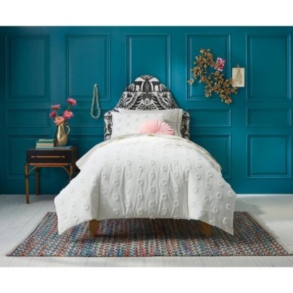 Pom Pom Duvet Cover Set With Shams Twin/XL Cotton Blend White Textured Bedding - Picture 4 of 7